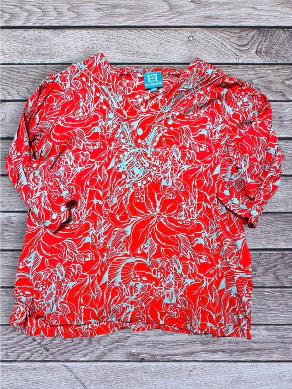 Escapada Red & teal Floral V-Neck Tunic Top xl
